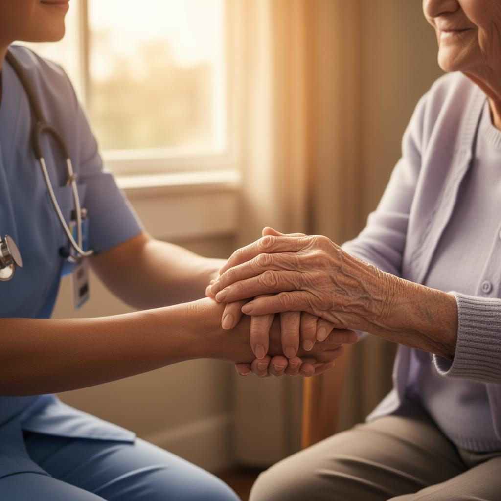 Nurse holding the hands of an elderly patient